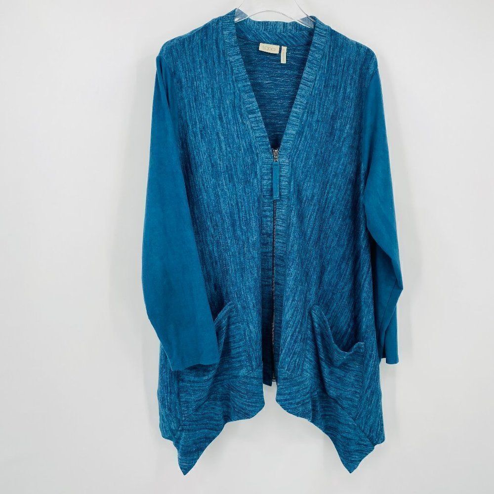 LOGO Lori Goldstein Size XL Teal Blue Knit Cardigan w/ Faux Suede Sleeves Zip Up